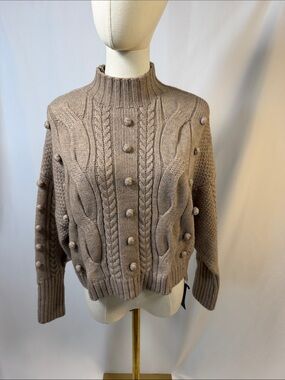 NWT Blank NYC Taupe Cable-Knit Pom-Pom Turtleneck Sweater